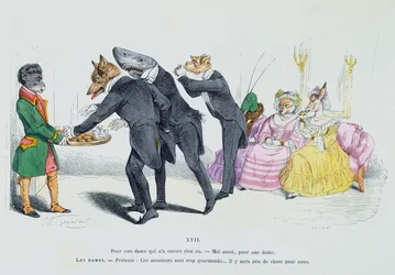 “These gentlemen are so greedy...”, caricature from the “Les Métamorphoses du Jour” series, reprinted in 1854
